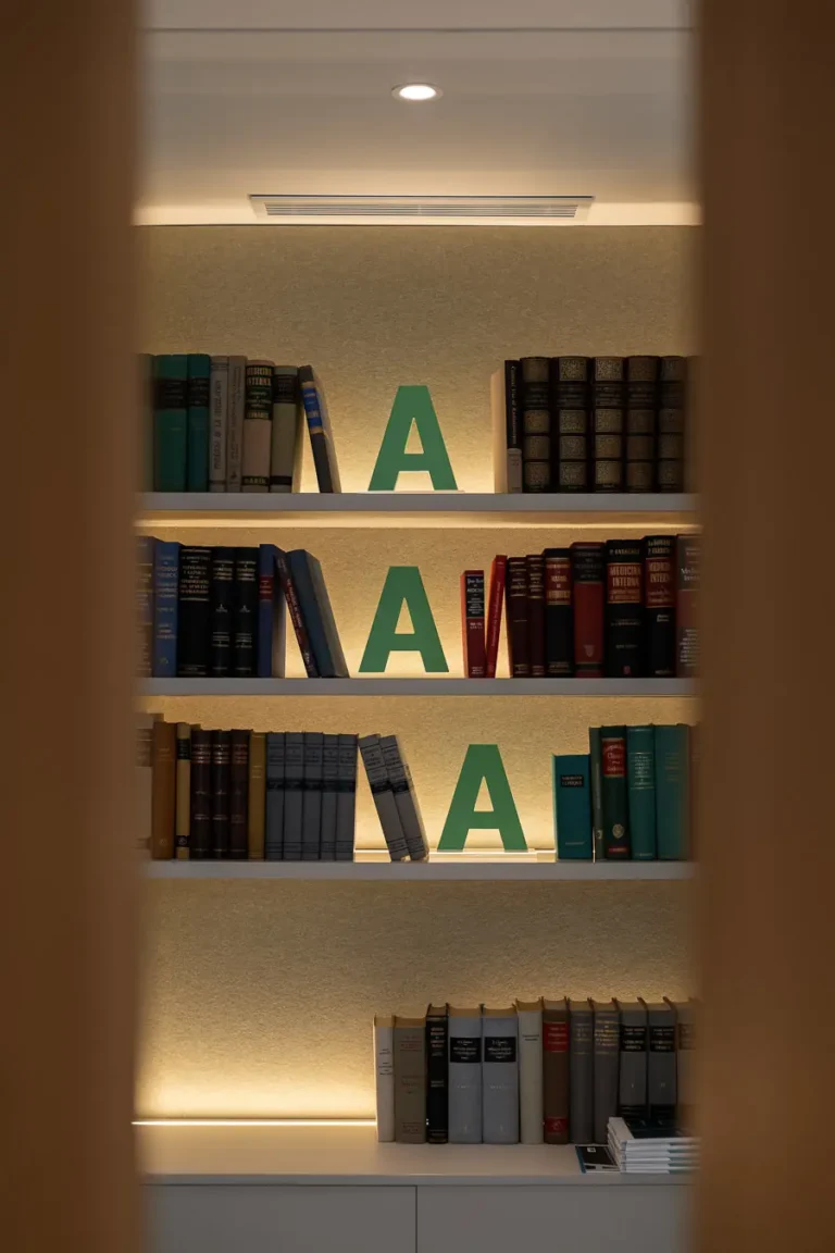 estanteria iluminada con libros y decoracion en espacio elegante