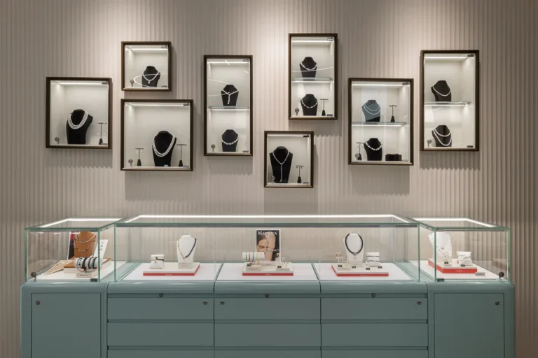 vitrinas pared collares perlas exhibicion elegante