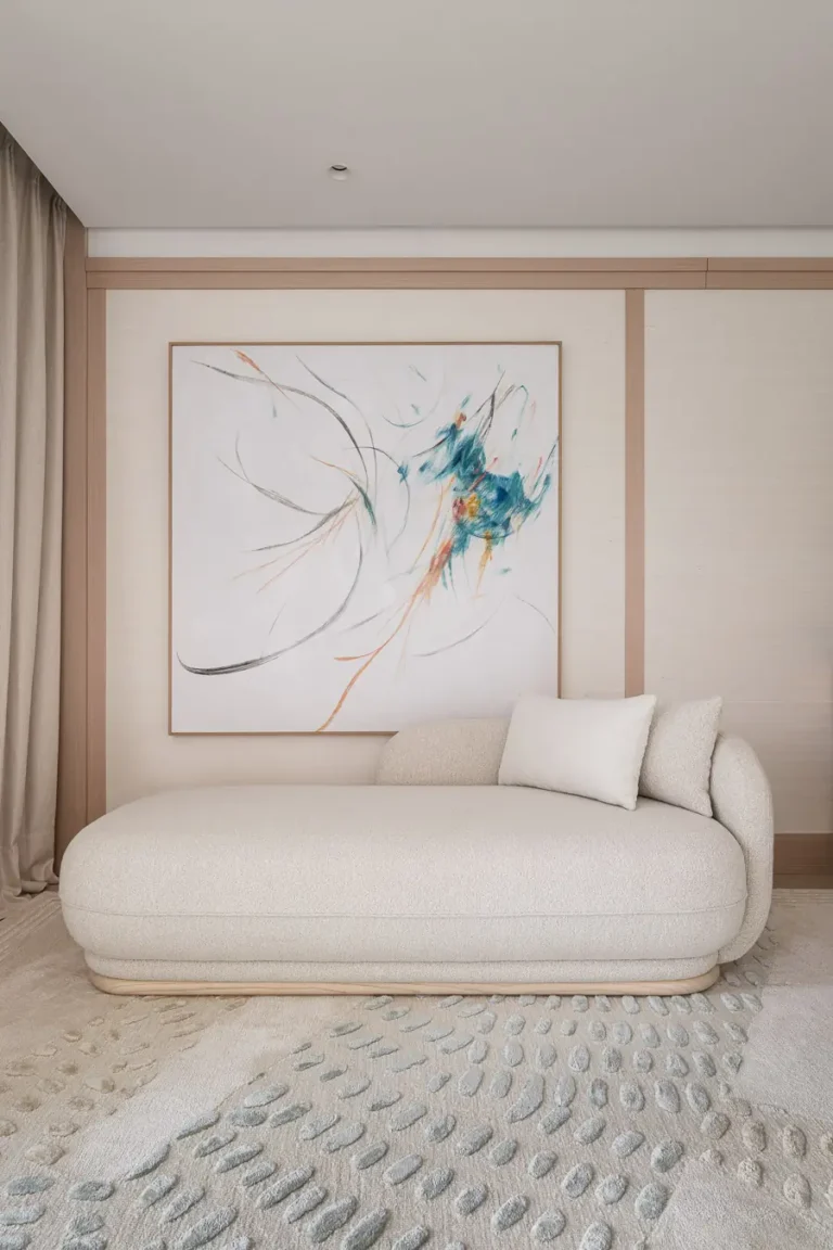 chaise longue blanca bajo cuadro abstracto en suite de hotel