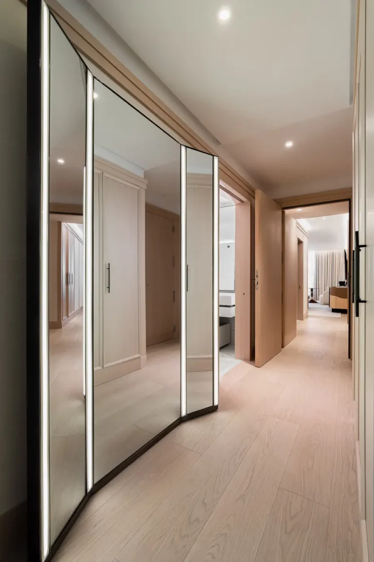 pasillo de suite de hotel con armarios de espejo iluminados