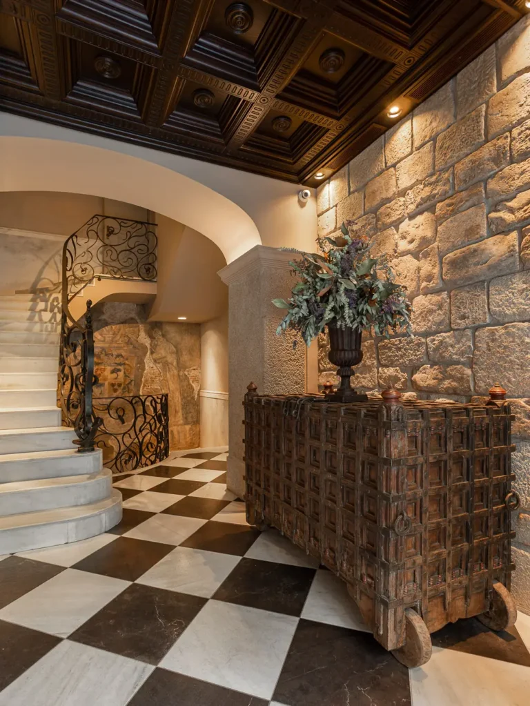 vestibulo con arcon de madera y escalera de marmol